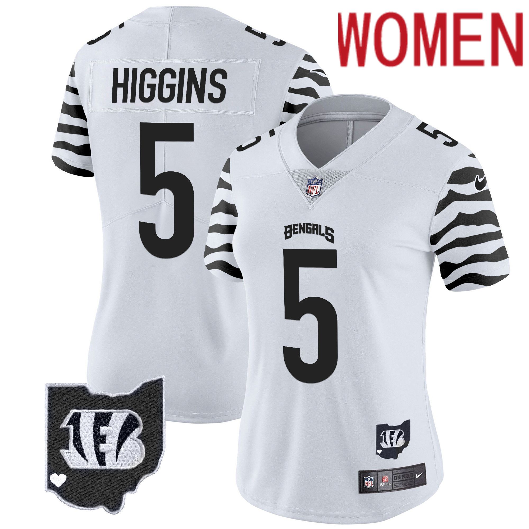 Women Cincinnati Bengals #5 Higgins White 2024 Nike Stripes Vapor Limited NFL Jersey